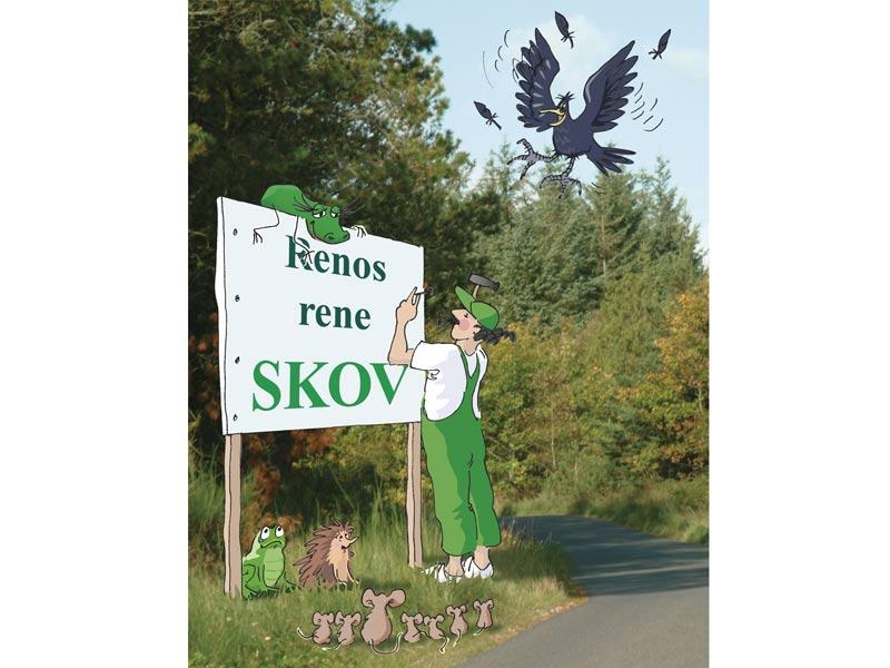 En tegning af en dreng, der maler et skilt med teksten "Kenos rene SKOV" ved en vej omgivet af træer og dyr.