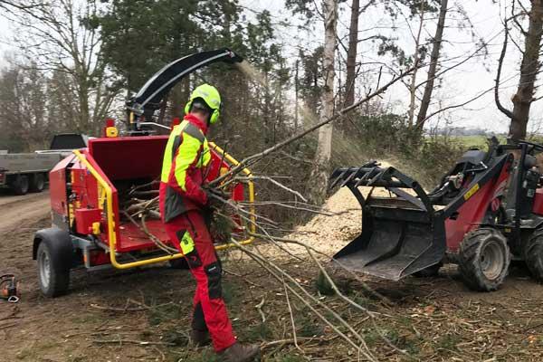 En arbejdsmaskine, der flækker grene, mens en mand i sikkerhedsudstyr læsser grene ind i maskinen.