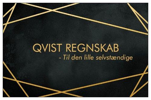 Qvist Regnskab logo med tekst "Til den lille selvstændige" på en sort baggrund med gyldne geometriske linjer.