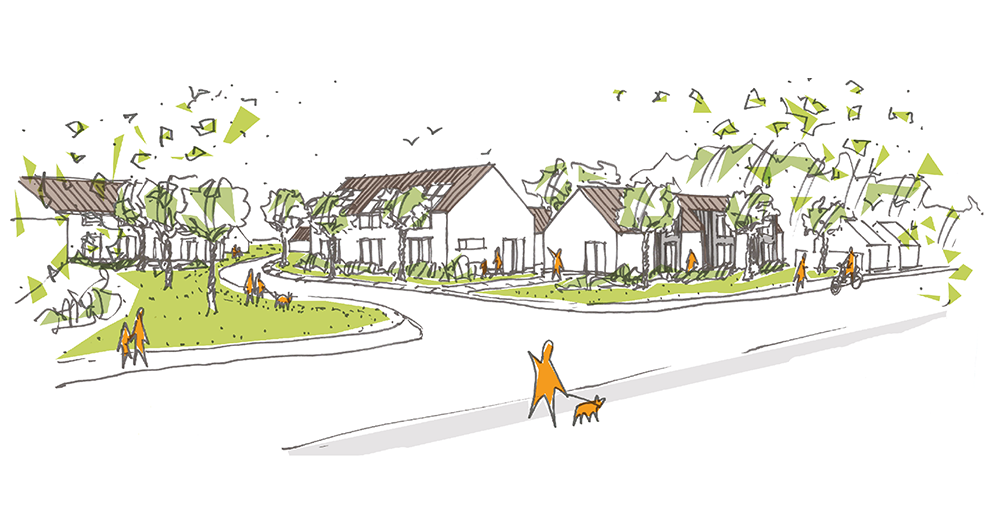 Illustration af et boligområde med moderne huse, grønne områder og mennesker, der går tur med hunde.