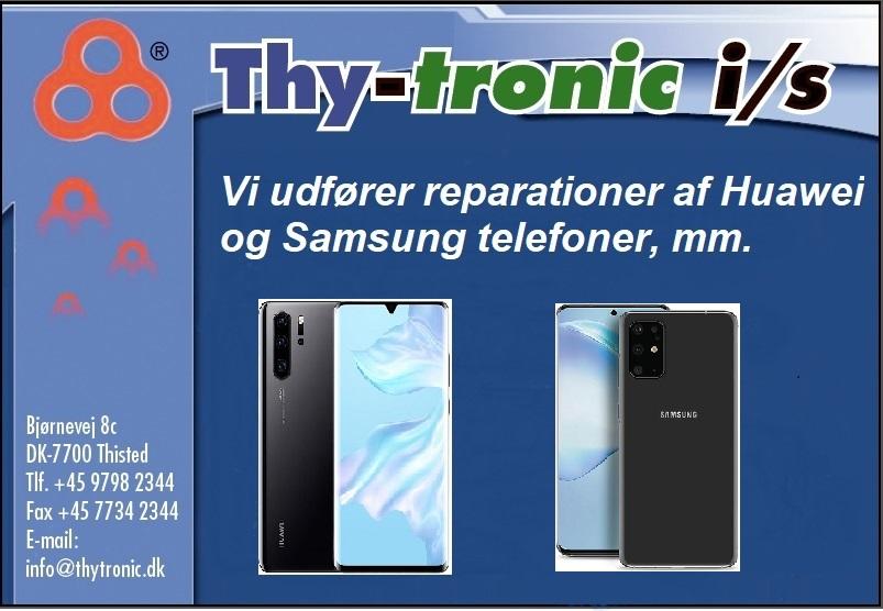 Reklame for Thy-tronic med billeder af Huawei og Samsung telefoner til reparation. Kontaktoplysninger og adresse inkluderet.
