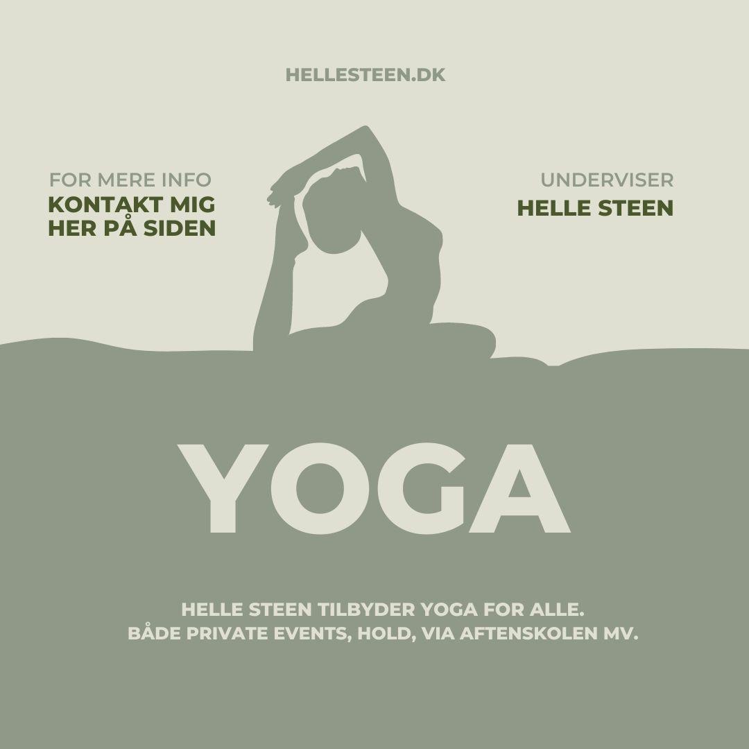 En silhuet af en person, der udfører yoga, med teksten "Yoga" og kontaktinformation til Helle Steen.