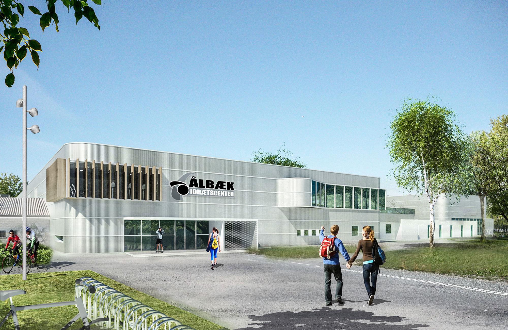 Moderne bygning med logoet "Aibak" og mennesker, der går mod indgangen i et grønt område.