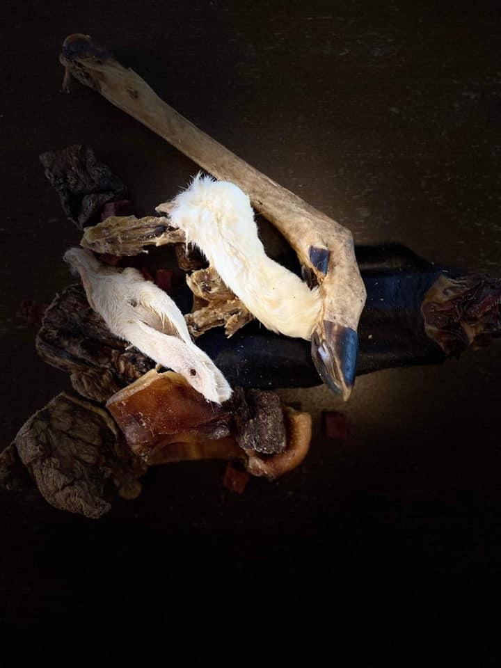 En samling af naturlige materialer, herunder grene, bark og fjer, arrangeret kunstnerisk på en mørk baggrund.