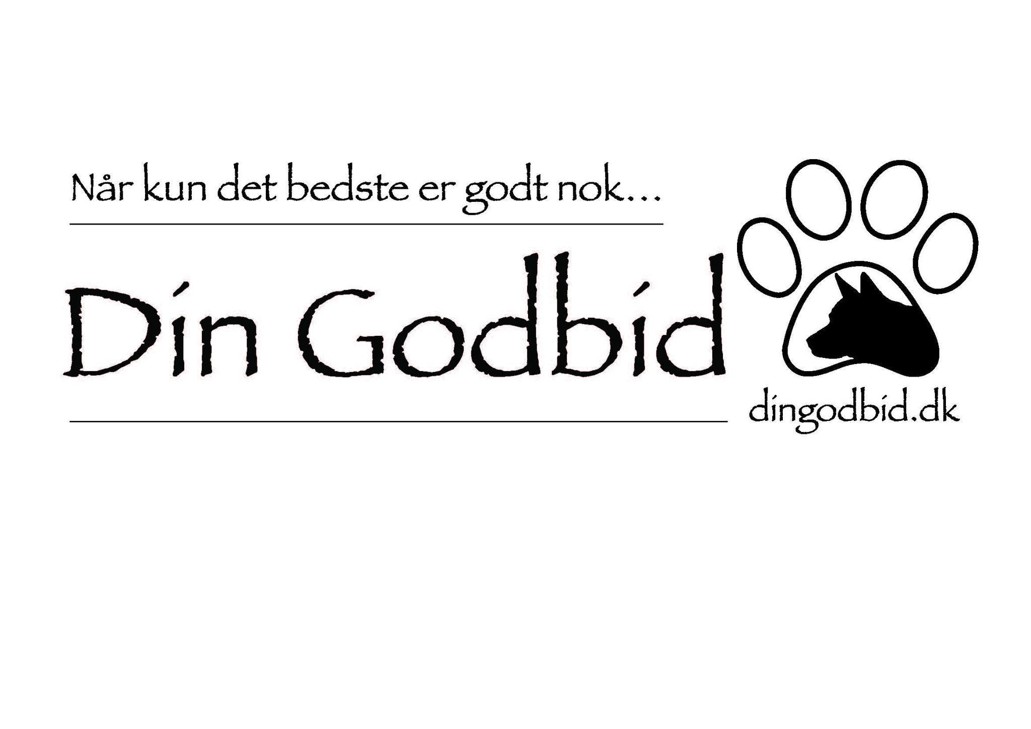 Logo for Din Godbid, en hundefoder virksomhed, med tekst og en poteaftryk.