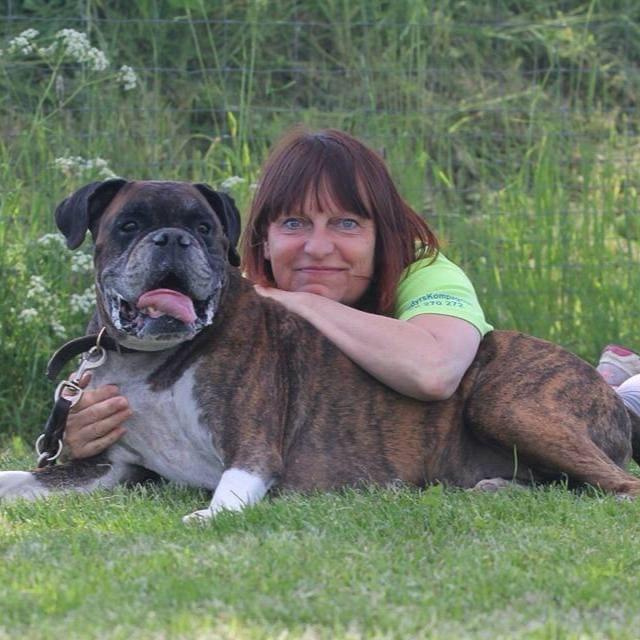 En kvinde ligger på græsset med en stor boxerhund, de ser glade ud sammen i en grøn park.