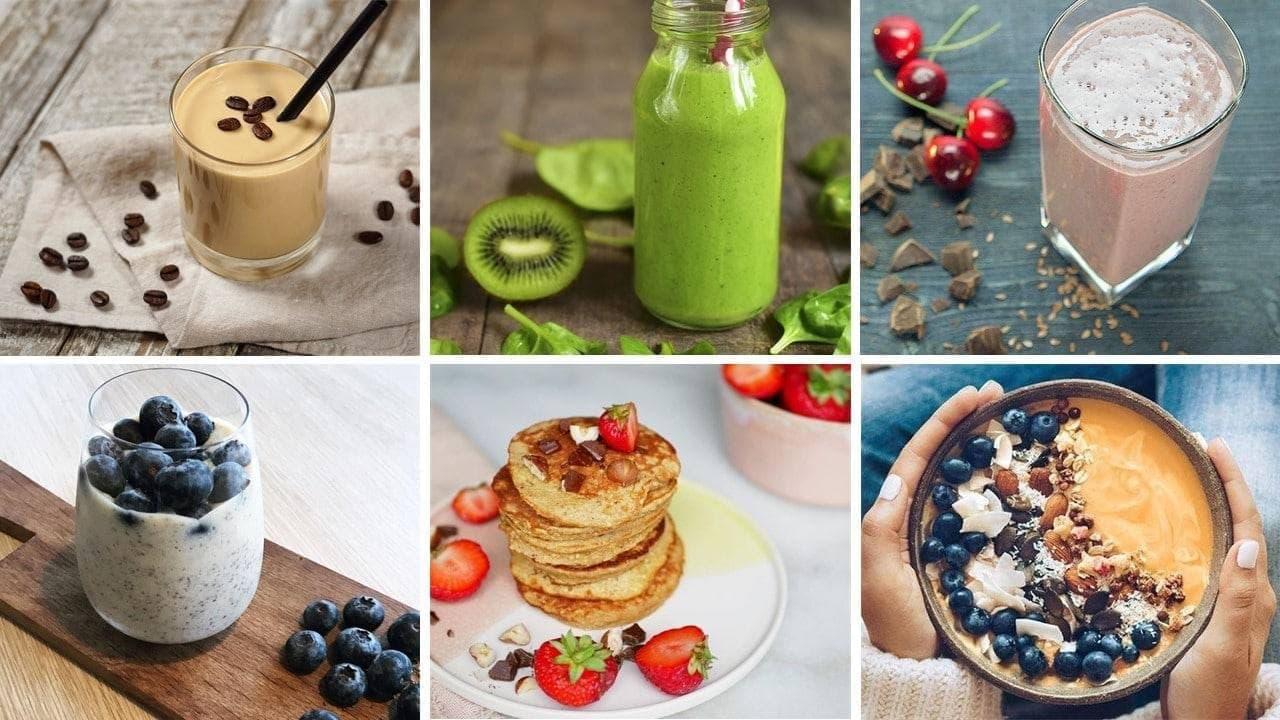 Billede af forskellige sunde drikke og snacks, herunder smoothies, havregrød og pandekager med bær.