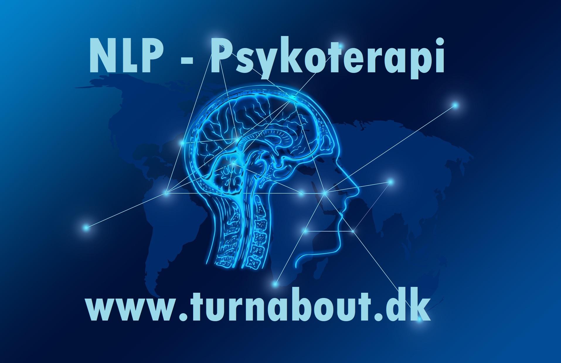NLP og psykoterapi med hjerneillustration og webadresse www.turnabout.dk på blå baggrund.