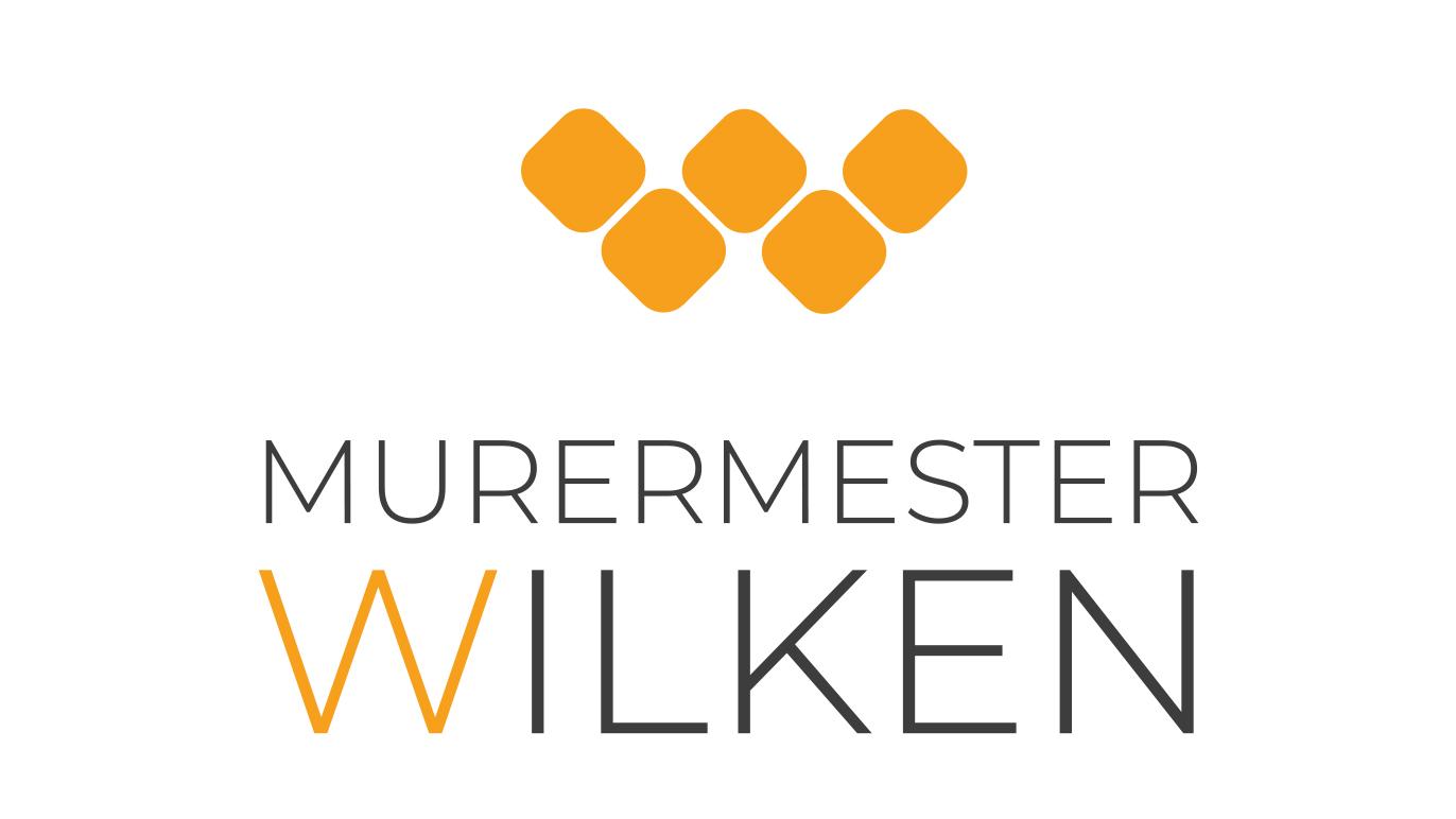 Logo for Murermester Wilken med orange og grå farver, der repræsenterer murervirksomhedens brand.