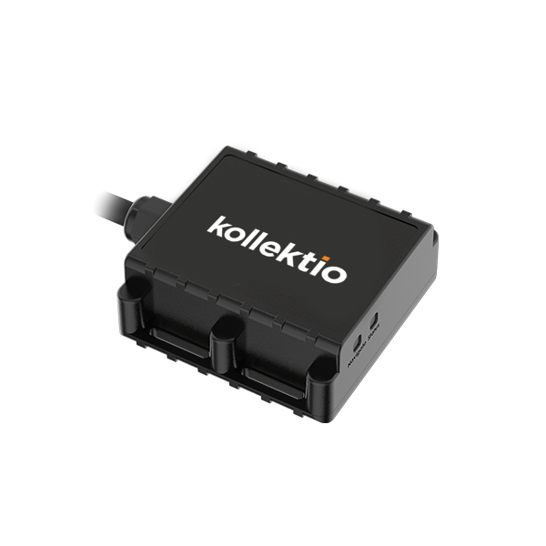 Sort elektronisk enhed med logoet "kollektio" på forsiden.