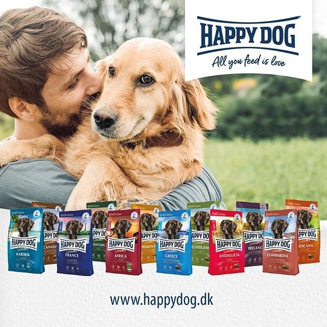 En mand krammer sin gyldne retrieverhund med Happy Dog hundefoderposer i forgrunden.