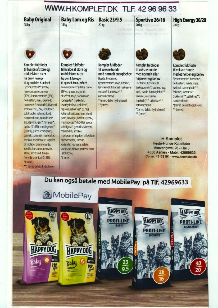 Billede af en brochure med hundefoderprodukter fra Happy Dog, inklusive priser og information om forskellige varianter.