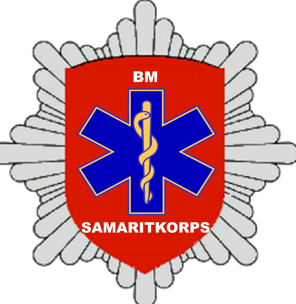 Logo for BM Samariterkorps med en rød skjoldformet baggrund og en blå stjerne med en stav i midten.