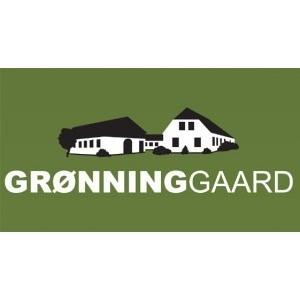 Logo for Grønningsgaard med to bygninger på en grøn baggrund.