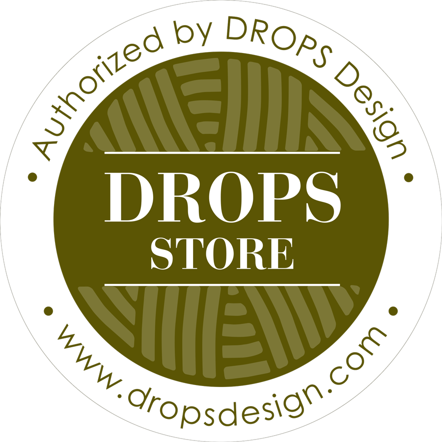 Logo for DROPS Store, autoriseret af DROPS Design, med garnmønster og webadresse.