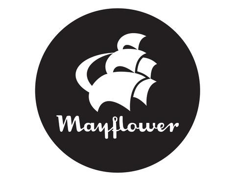 Logo af Mayflower med en stiliseret sejlbåd på sort baggrund.