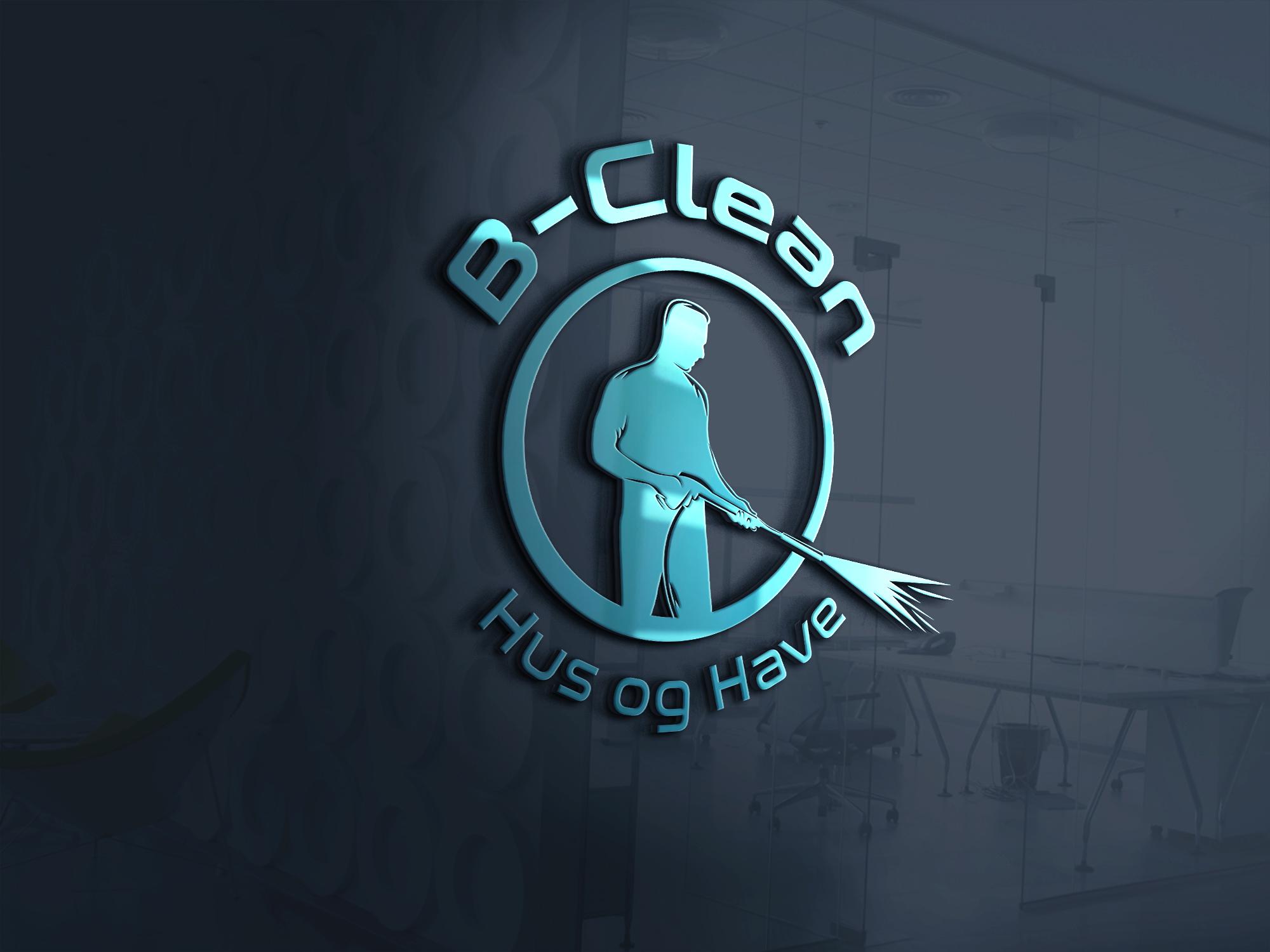 B-Clean logo med teksten "Hus og Have" og en figur, der holder en kost, på en moderne baggrund.