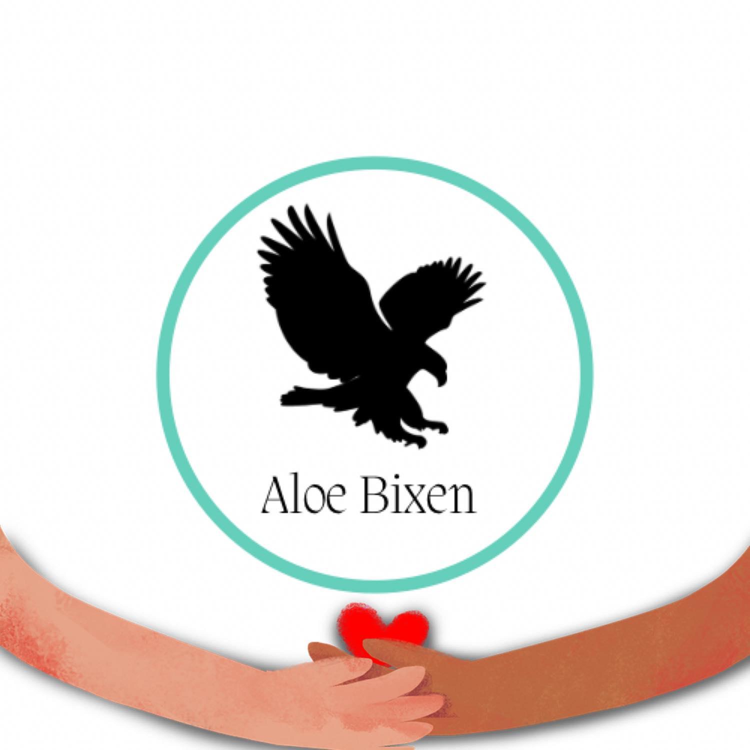 Logo for Aloe Bixen med en sort ørn og to hænder, der holder et hjerte.