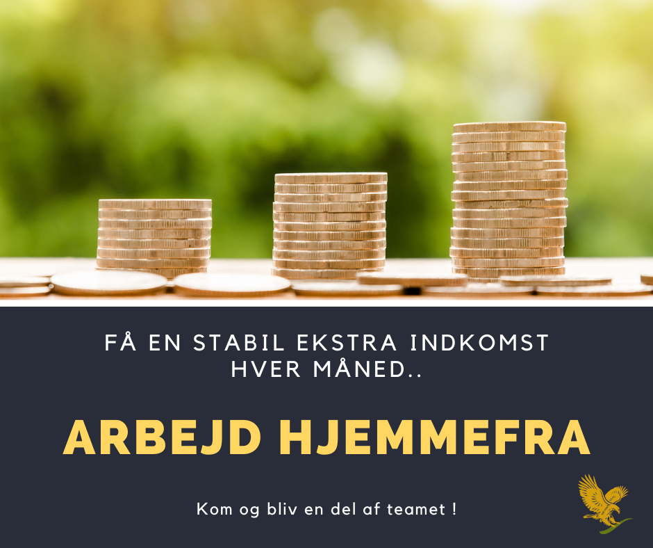 Stable ekstra indkomst med møntstakke og teksten "Arbejd hjemmefra" i en professionel kontekst.