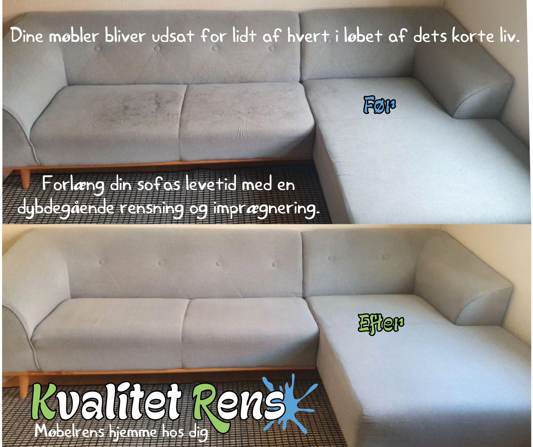 Sofa med pletter og slid, før og efter rengøring, med tekst om møbelrensning og vedligeholdelse.