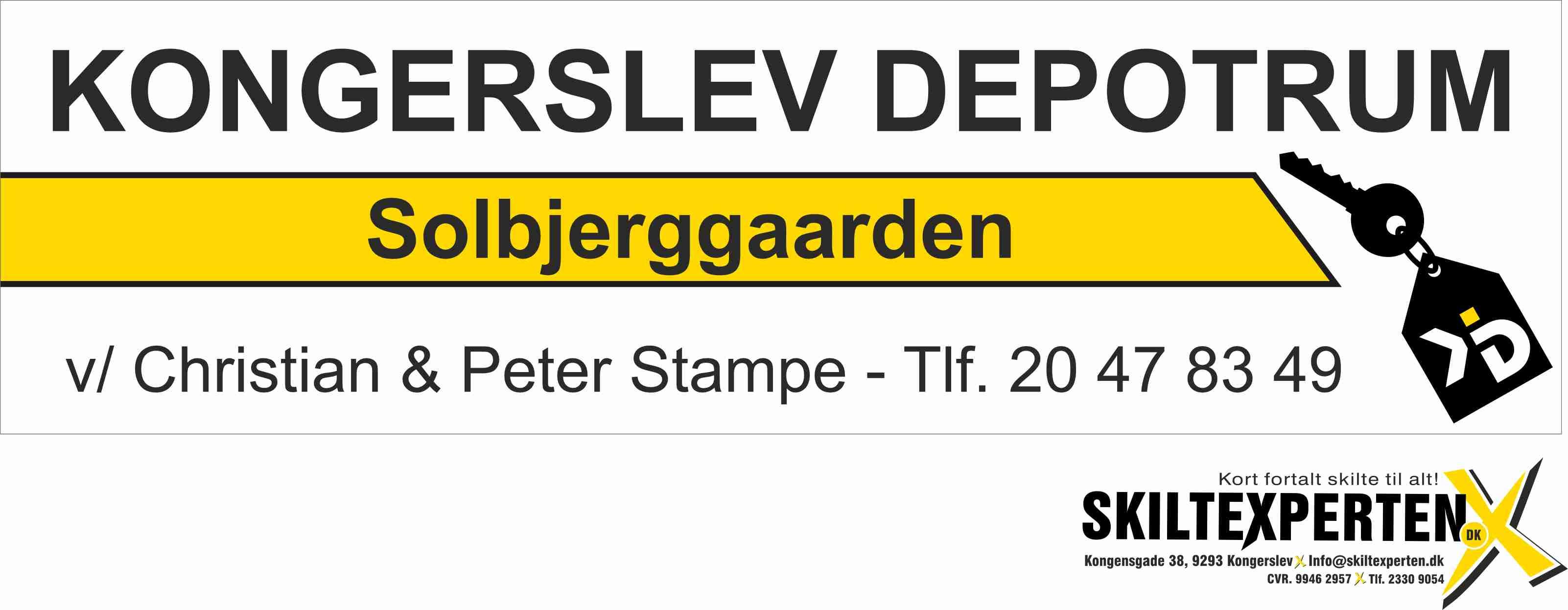 Kongerslev depotrum skilt med kontaktinformation og adresse til Solbjerggaarden.