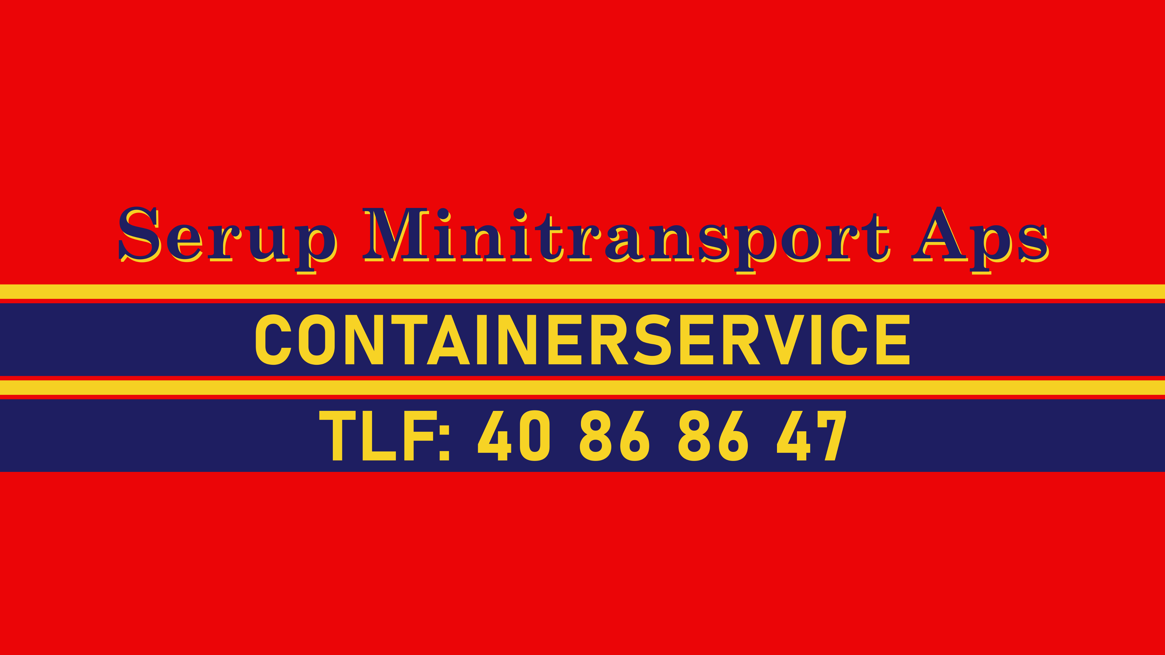 Serup Minitransport Aps logo med rød baggrund og tekst om containerservice og telefonnummer.
