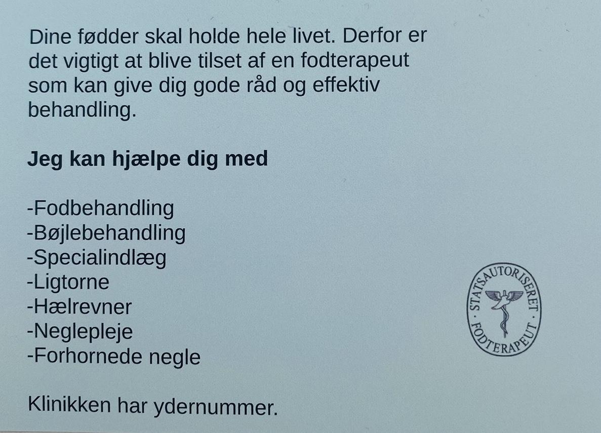 Information om fodbehandling og specialbehandling med kontaktoplysninger til klinikken.