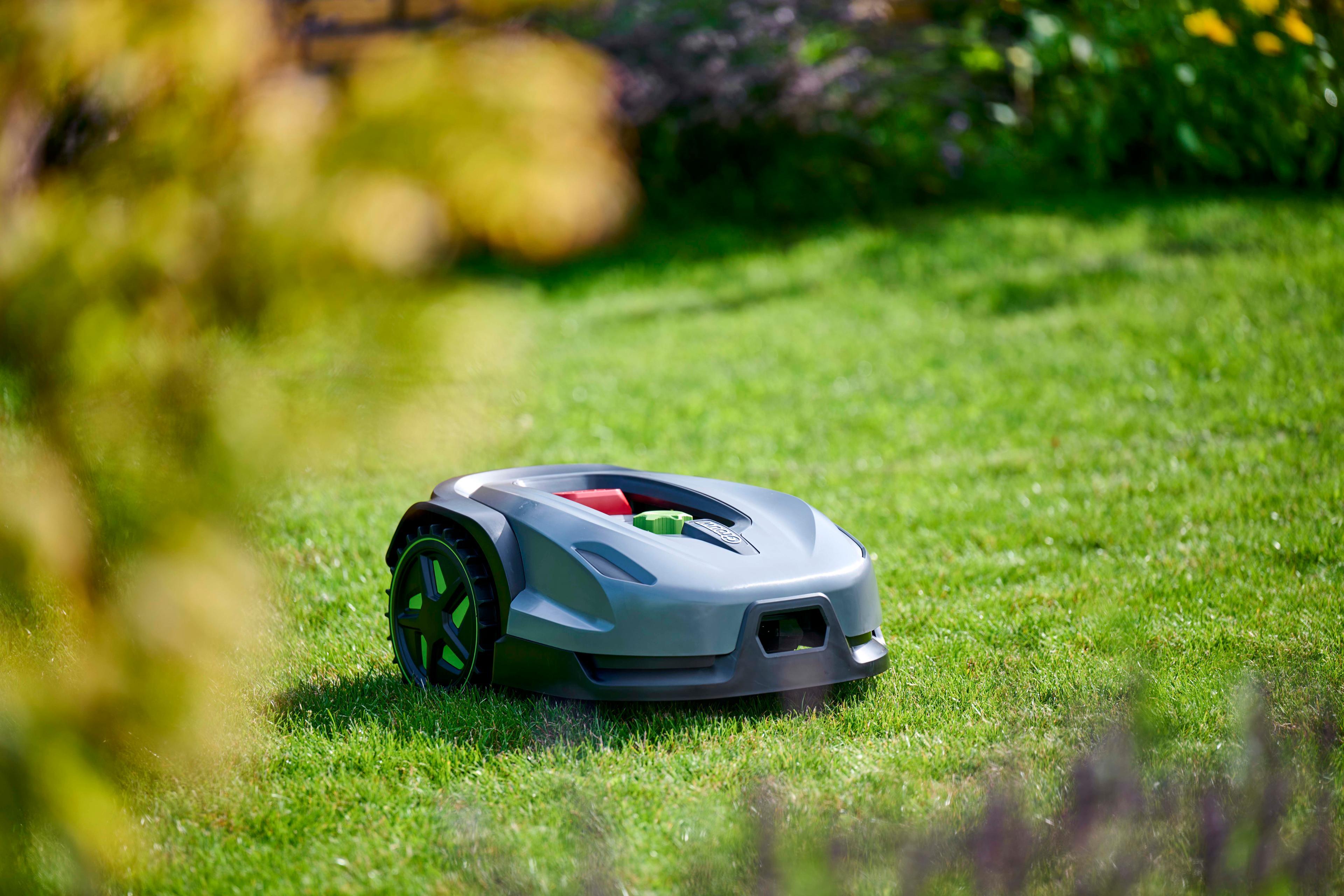 En robotplæneklipper kører over en grøn græsplæne med blomster i baggrunden.