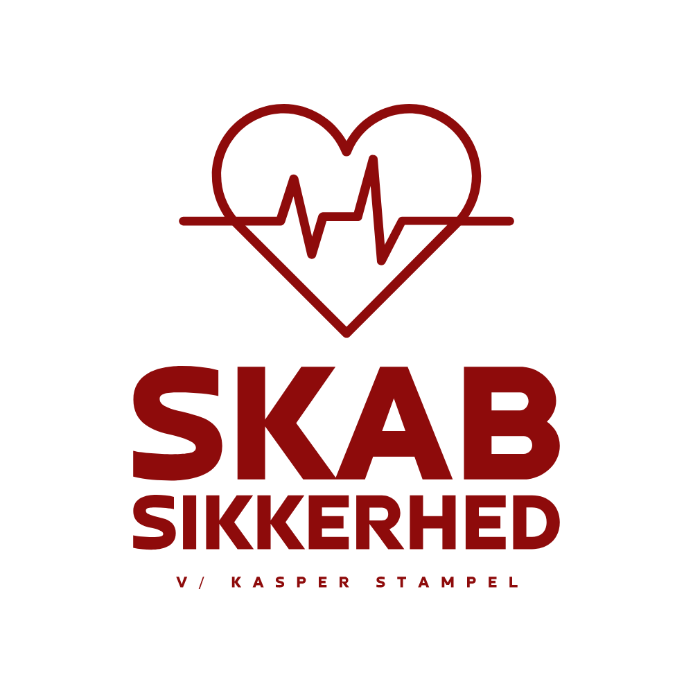 Logo for "Skab Sikkerhed" with a heart and heartbeat line, designed by Kasper Stampel.