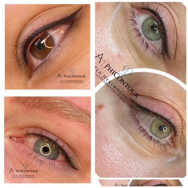 Billede af øjne med eyeliner og øjenmakeup, der viser før- og efterresultater fra en behandling.