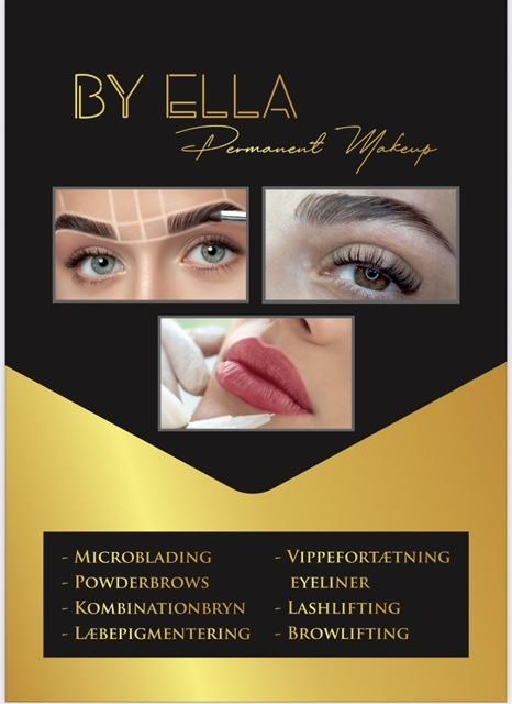 Professionel permanent makeup annonce med billeder af øjenbryn, læber og vipper samt serviceoversigt.