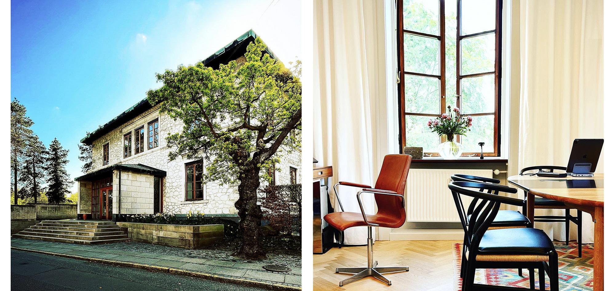Et hus med en stor træ i haven og et lyst kontor med en stol og et skrivebord ved vinduet.