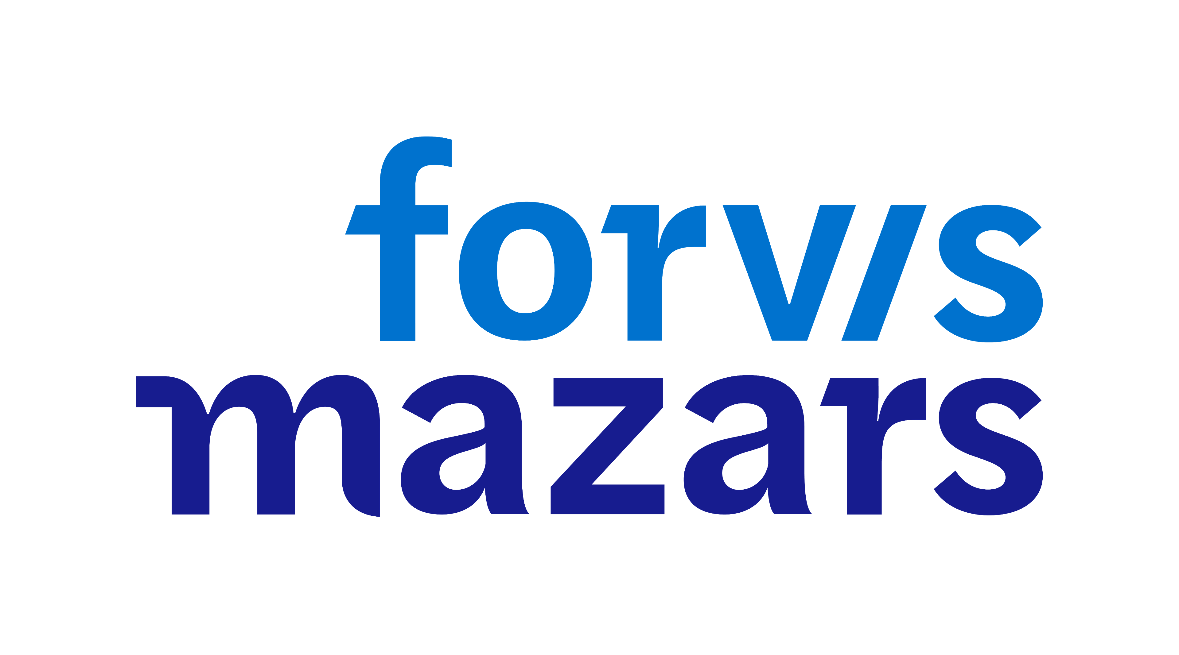 Logo for Forv/s Mazars med blå og mørkeblå tekst i moderne skrifttype.