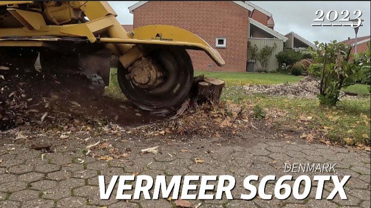 En Vermeer SC60TX stubfræser arbejder på at fjerne en stub i en have i Danmark.