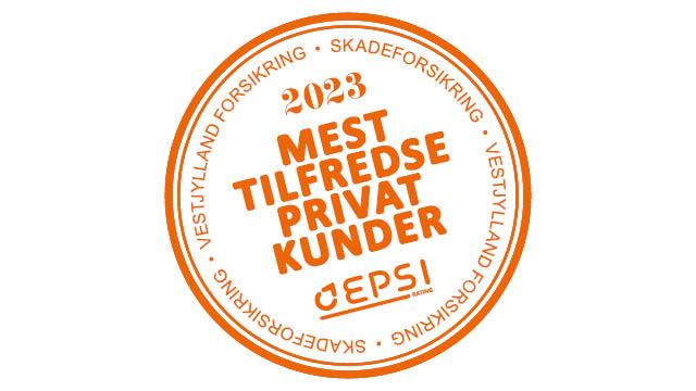 Mærke for mest tilfredse private kunder i 2023 fra EPSI med orange tekst og cirkulært design.