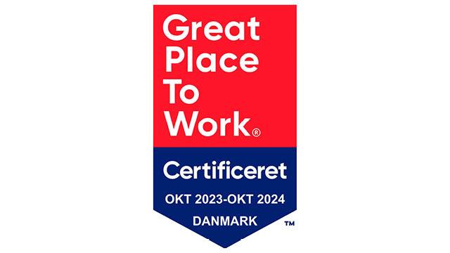 Great Place to Work certificeringslogo for Danmark, gyldig fra oktober 2023 til oktober 2024.