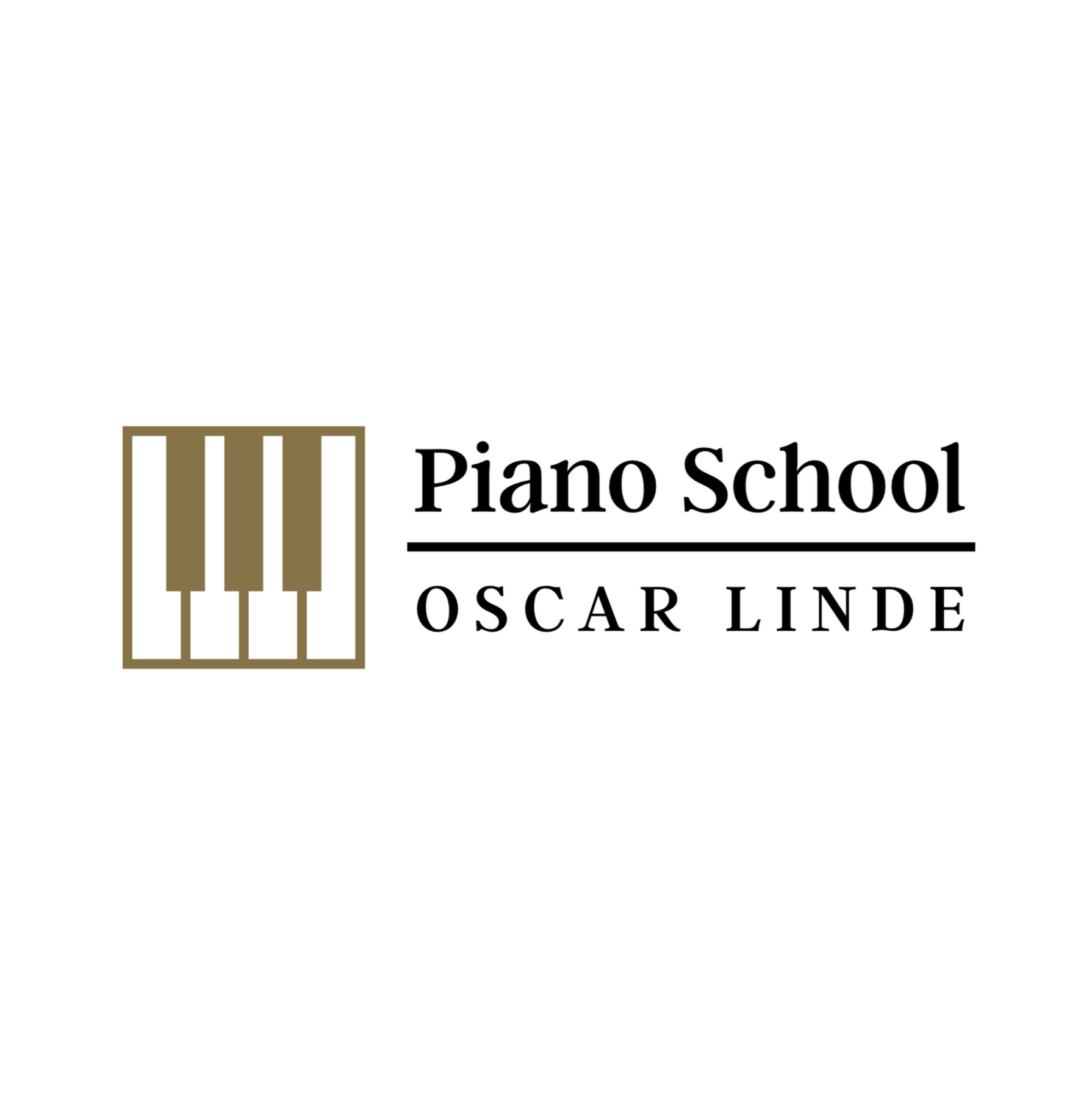 Piano School Oscar Linde logo med klaver tangenter i guld og sort tekst.