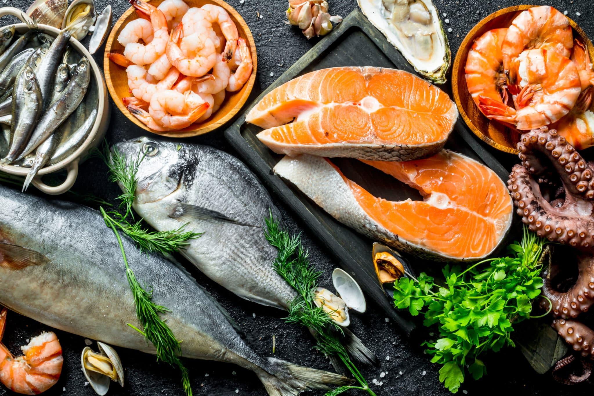 Frisk fisk og skaldyr, herunder laks, rejer, blæksprutte og muslinger, præsenteret på en sort overflade.
