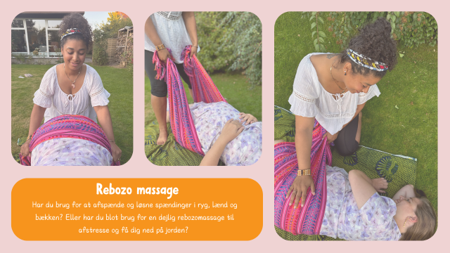 Rebozo massage i haven, hvor en kvinde giver en anden kvinde en afslappende behandling med farverige tæpper.