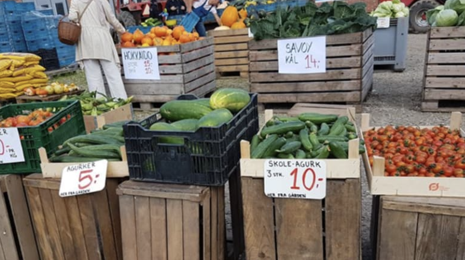 Frisk frugt og grøntsager i kasser på et marked med prisskilt og besøgende i baggrunden.