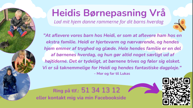 Heidis Børnepasning Vrå, information om pasning af børn med fokus på tryghed og familie. QR-kode til kontakt.