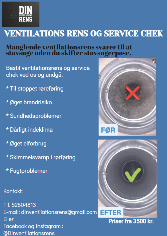 Billede af en reklame for ventilationsrens med før- og efterbilleder, der viser forbedringer i ventilationssystemet.