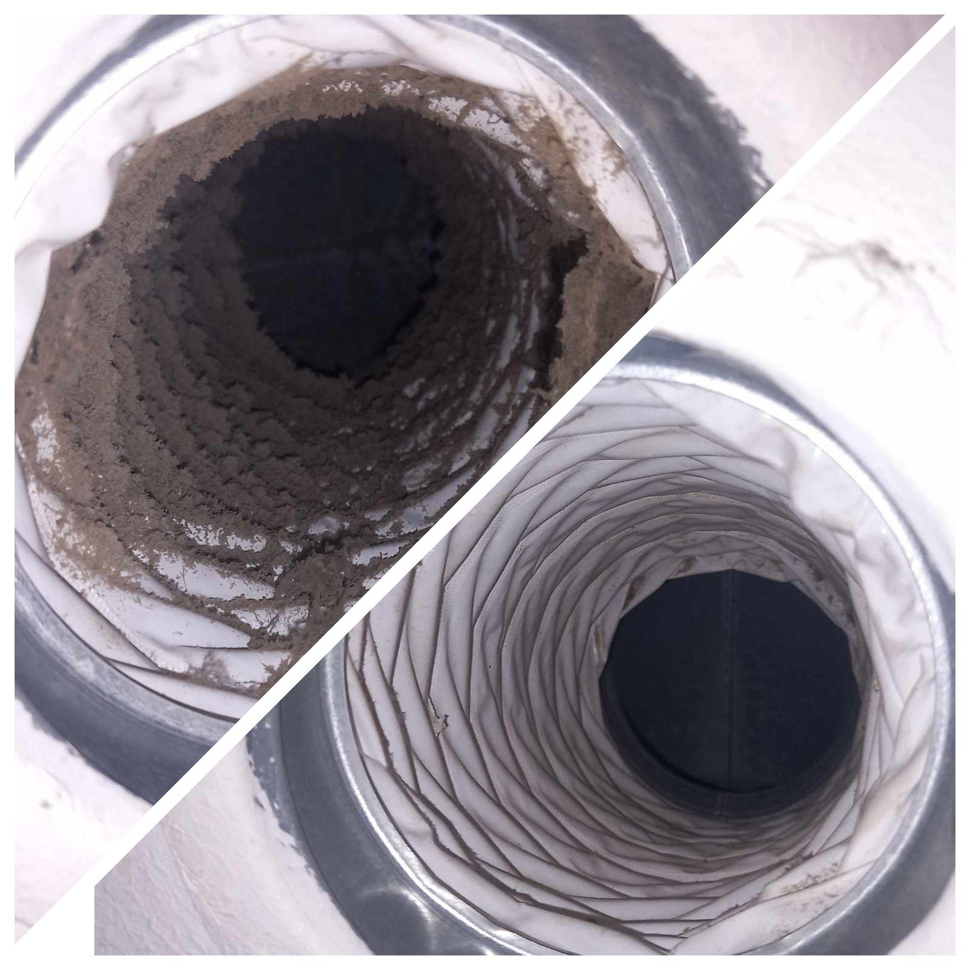 Billede af en ventilationskanal, der viser snavs og støv i den ene halvdel og en ren kanal i den anden halvdel.