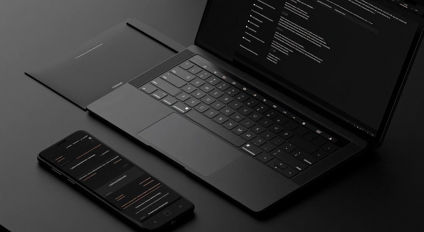 En sort bærbar computer og en smartphone med mørkt tema, der viser kode på skærmen, placeret på et sort bord.