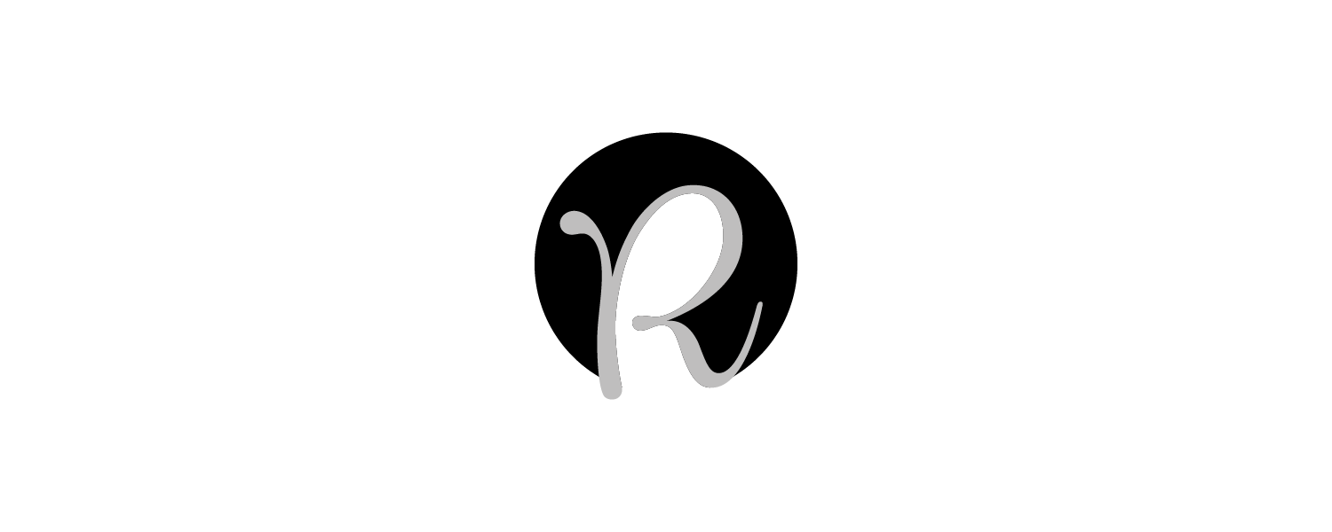 R-logo i en elegant skrifttype med en simpel, sort baggrund.