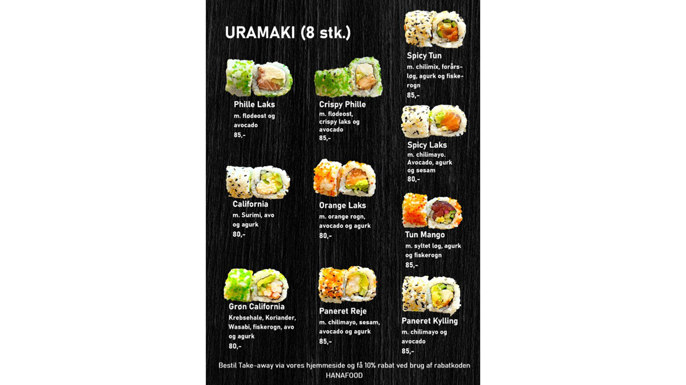 Uramaki menu med forskellige sushi varianter, herunder Spicy Tun, California og Orange Laks, præsenteret på en sort baggrund.