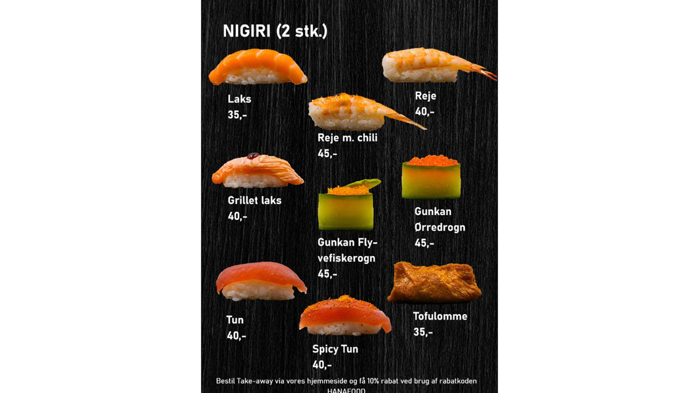 Menu med nigiri sushi, herunder laks, rejer, tun og grøntsager, præsenteret på en sort baggrund.