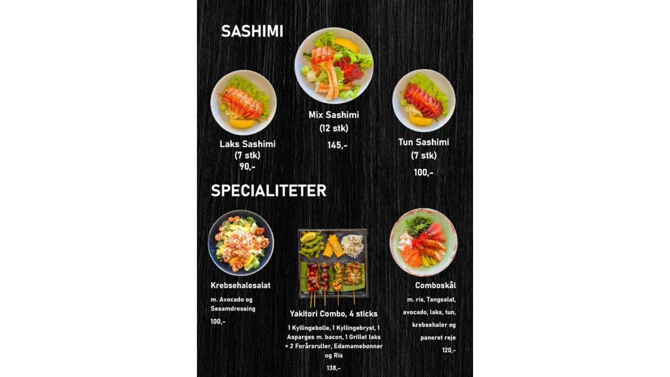 Menu med sashimi og specialiteter, herunder laks, tun og rejer, præsenteret på en sort baggrund.