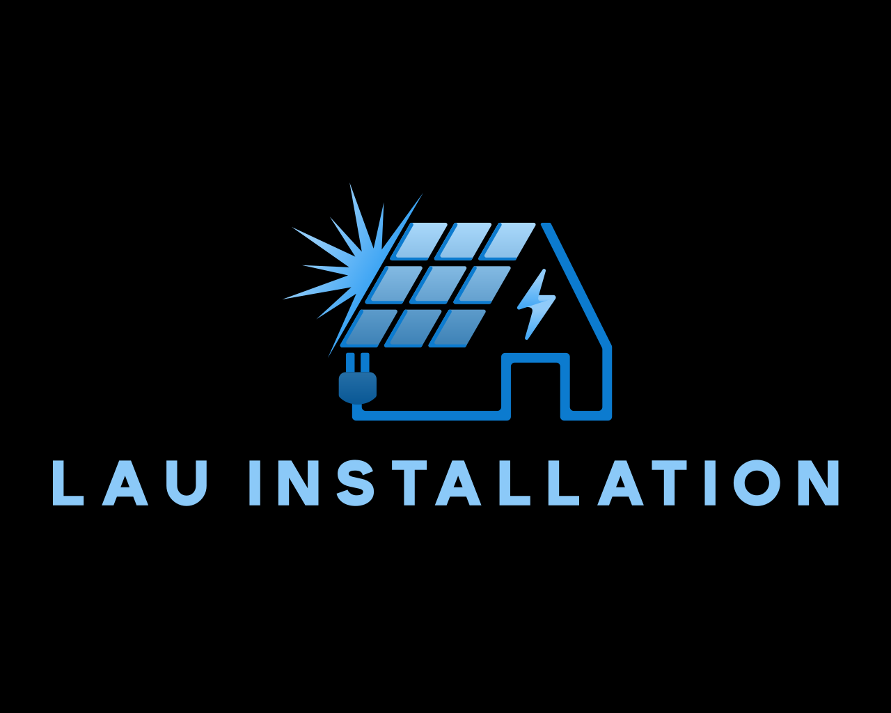 Logo for Lau Installation med solpaneler og elektrisk stikkontakt, symboliserer bæredygtig energi og installation.