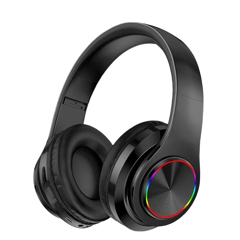 Trådløse hovedtelefoner med RGB-lys og bløde ørepuder i sort design.
